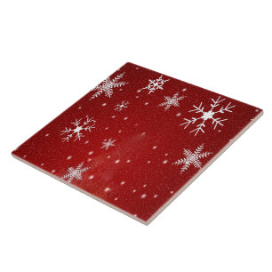 White Snowflakes with Red Background Tile