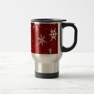 White Snowflakes with Red Background Travel Mug