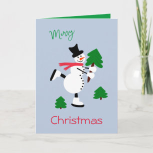 White snowman with Christmas Trees Card
