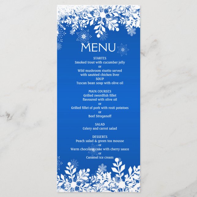 White snwoflakes on blue Christmas Wedding Menu (Front)