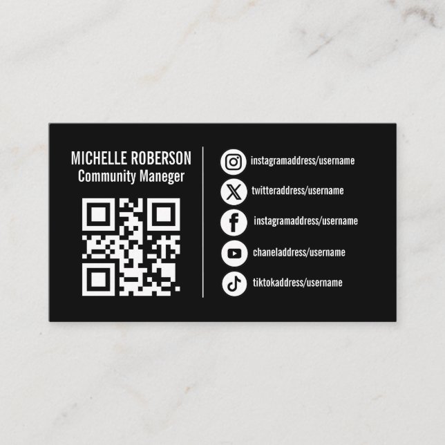 White social media icons QR or logo on black Business Card (Front)