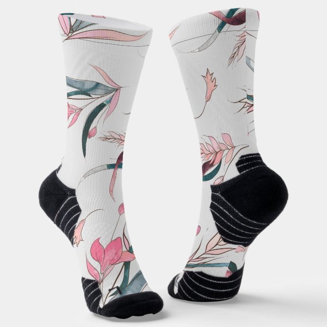 White socks with a floral design featuring pink  (Angled)