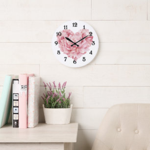White Soft Pink Heart Flower Large Clock