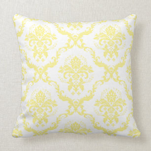 White & Soft Yellow Reversible Floral Damasks Throw Pillow