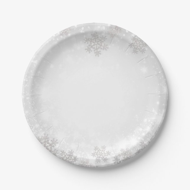 White Sparkle Snowflakes Winter Wonderland Wedding Paper Plate (Front)