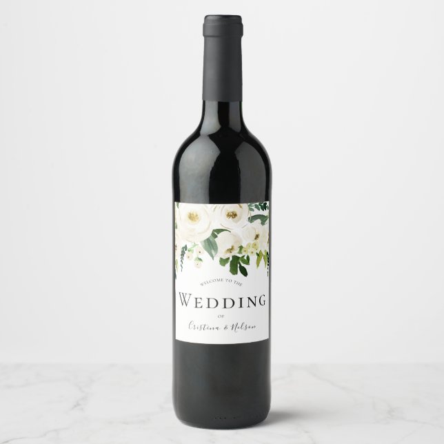 White Sparkling Wine Floral Wedding Wine Label (Front)