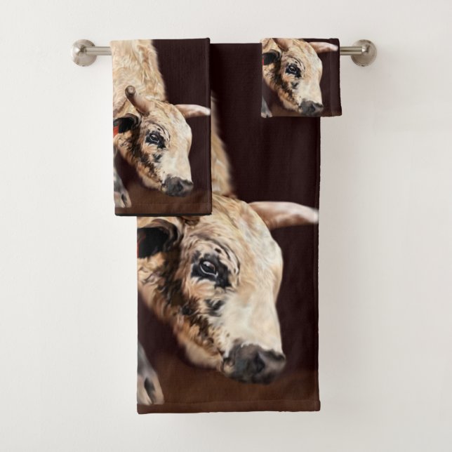 White Speckled Bucking Rodeo Bull Print Bath Towel Set (Insitu)