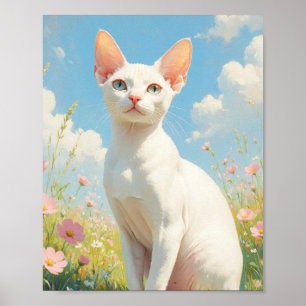 White Sphinx Cat and Flowers Poster