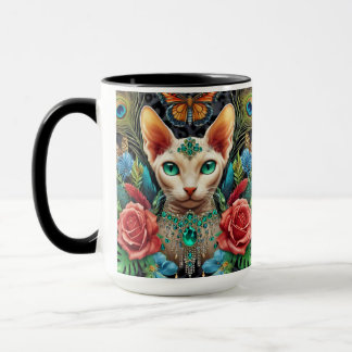 White Sphynx Cat Floral Art Mug