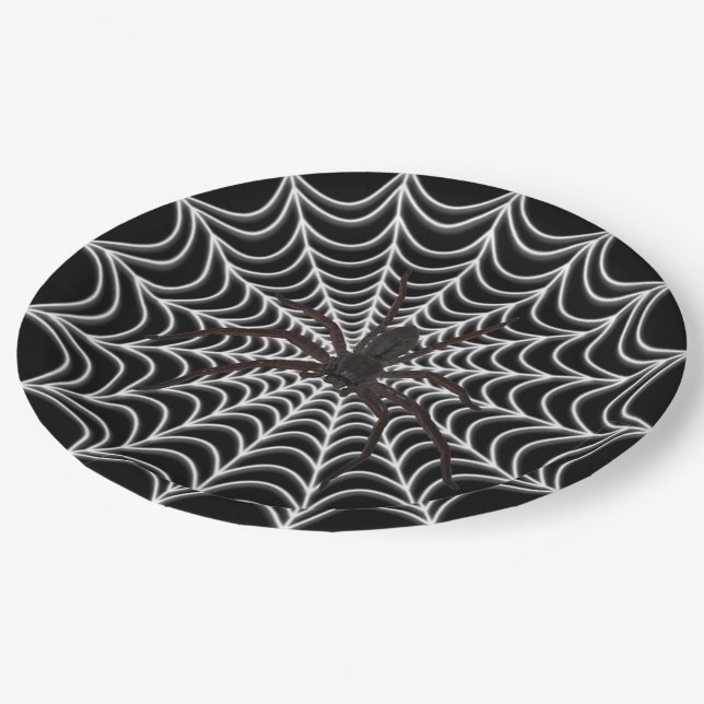 White Spider Web And Black Spider Halloween Paper Plate (Angled)