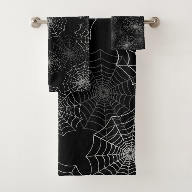 White Spider Web Cobweb Silk Pattern on Black Bath Towel Set (Insitu)