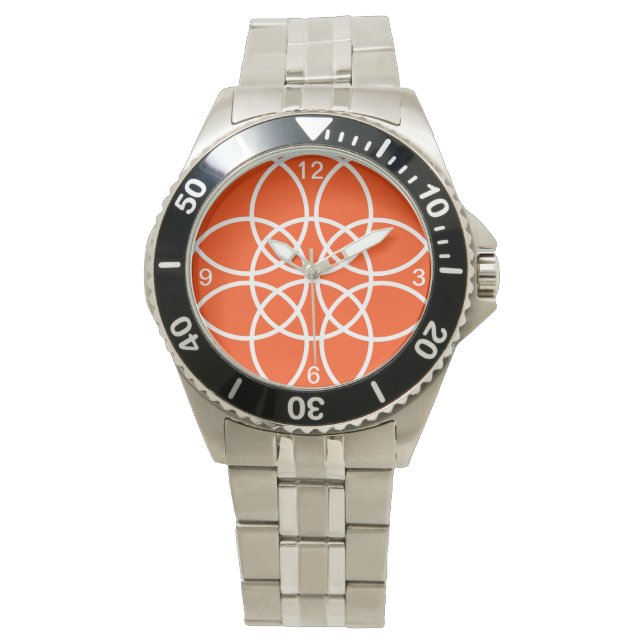 White Spiral Circles on Bright Orange Watch (Front)
