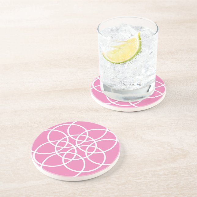 White Spiral Circles on Pink Coaster (Side)