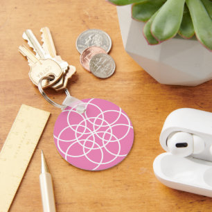 White Spiral Circles on Pink Keychain