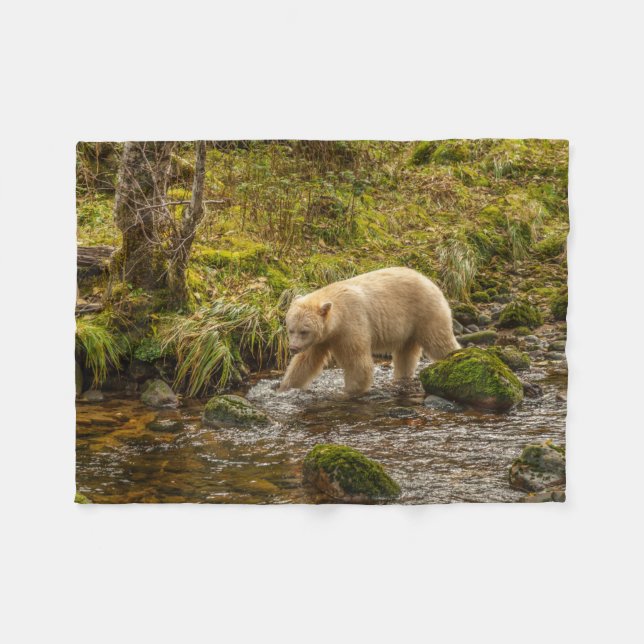 White Spirit Bear Hunts for fish on Riordan Creek Fleece Blanket (Front (Horizontal))