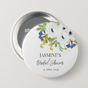 White Spring Floral Bouquet Bridal Shower 3 Inch Round Button