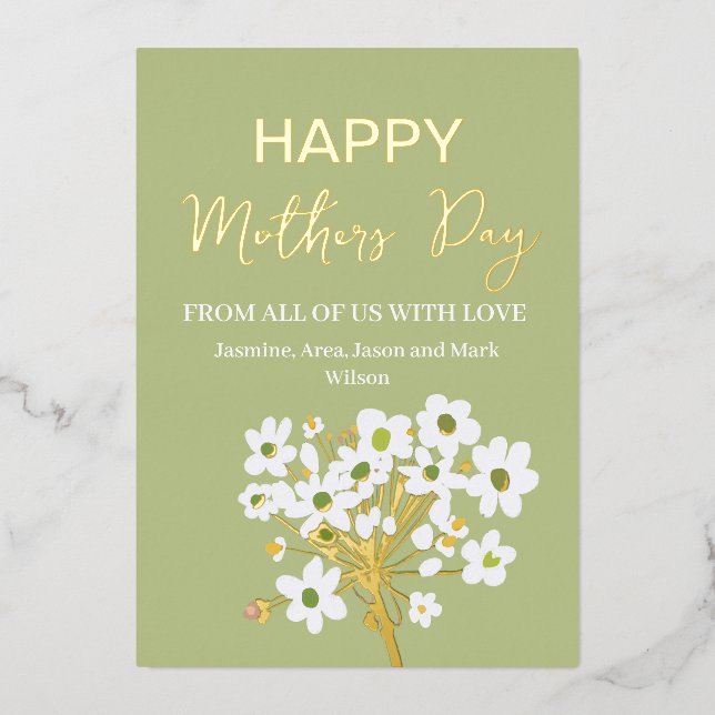 White Spring Florets Happy Mothers Day Gold Foil Holiday Card (Front)