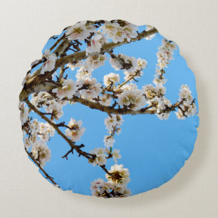 White Spring Love Blossoms, Round Pillow