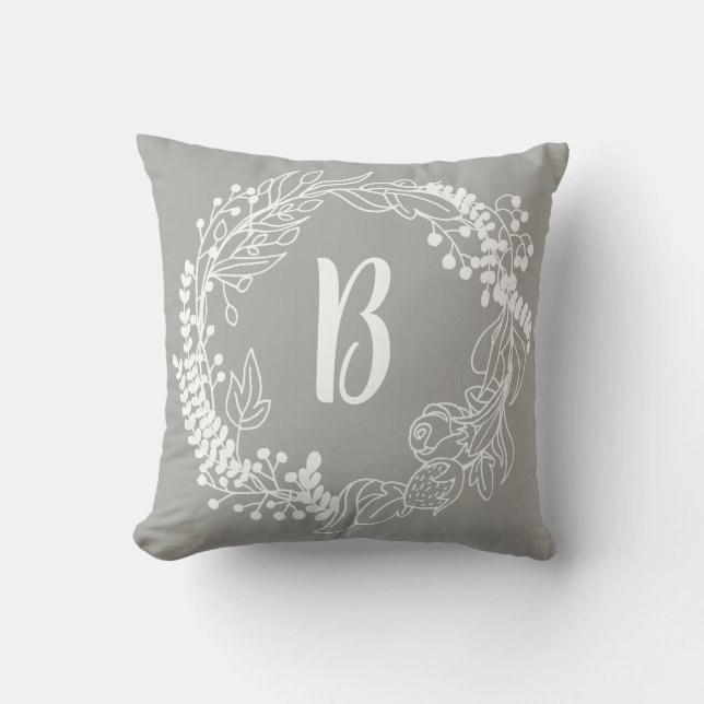White Spring Wreath & Grey Throw Pillow (Front)