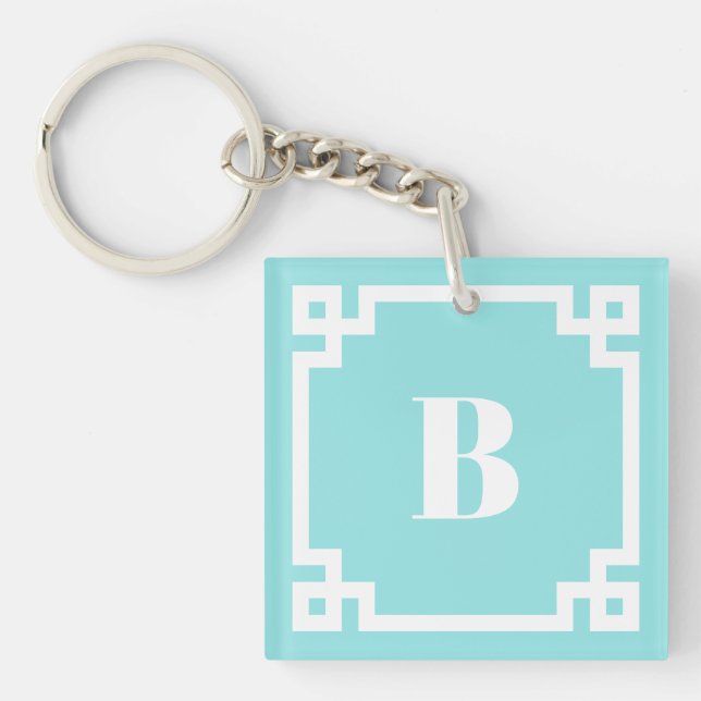 White Square Greek Key Border Aqua Blue Monogram Keychain (Front)
