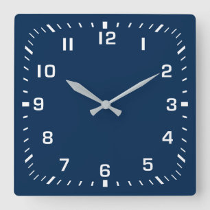 White Square Number Faceplate on Navy Blue Square Wall Clock
