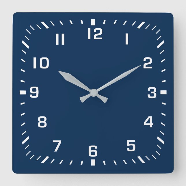 White Square Number Faceplate on Navy Blue Wall Clock (Front)