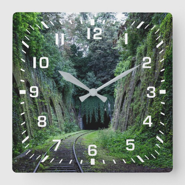 White Square Number with Railroad Tracks Wall Clock (Front)
