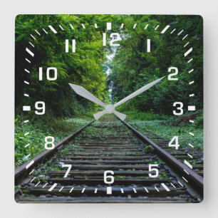 White Square Numbers / Summer Railroad Tracks Wall Clock