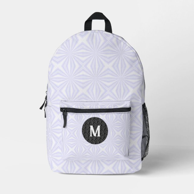 White Squiggly Squares Fractal Monogram Black  Printed Backpack (Front)