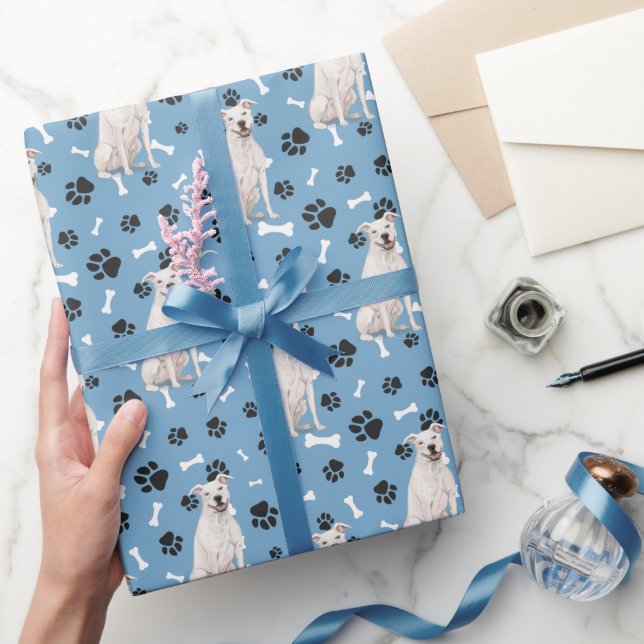 White Staffordshire Terrier Pattern on Blue  Wrapping Paper (Gifting)