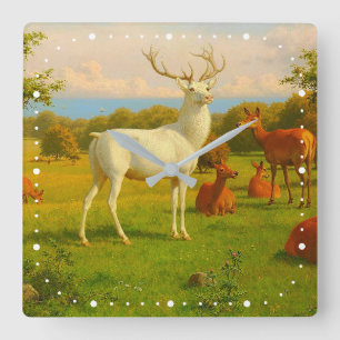 White Stag Deer In Open Field Nature Wildlife  Square Wall Clock