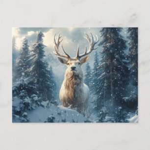 White Stag in the Winter Woods Art Postcard