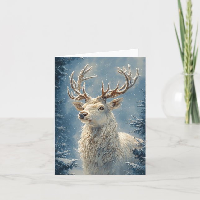 White Stag Portrait Mystical Winter Art Card (Front)