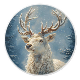 White Stag Portrait Mystical Winter Art Ceramic Knob