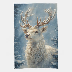 White Stag Portrait Mystical Winter Art Kitchen Towel