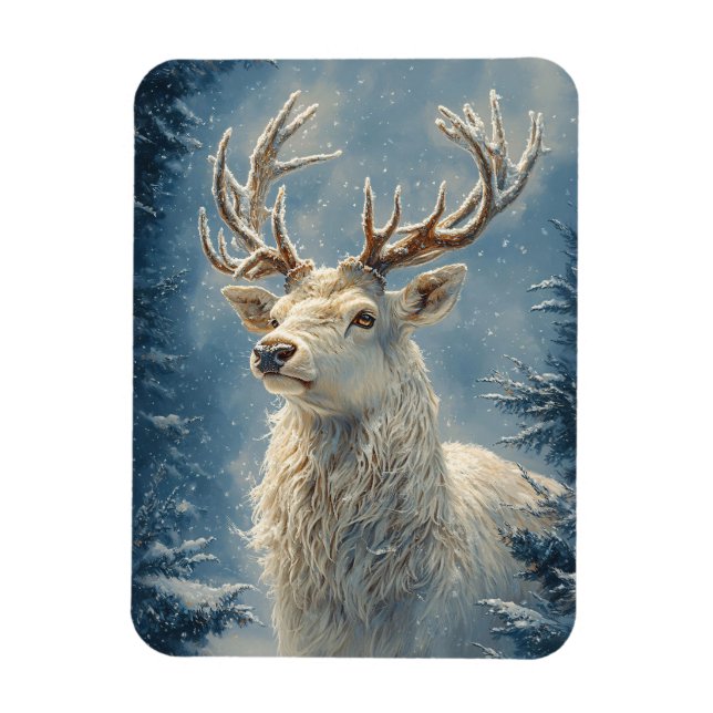 White Stag Portrait Mystical Winter Art Magnet (Vertical)