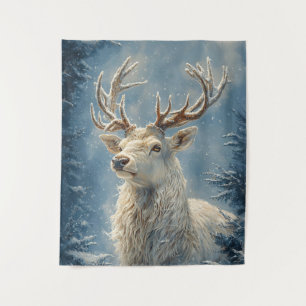 White Stag Portrait Mystical Winter Art Tapestry