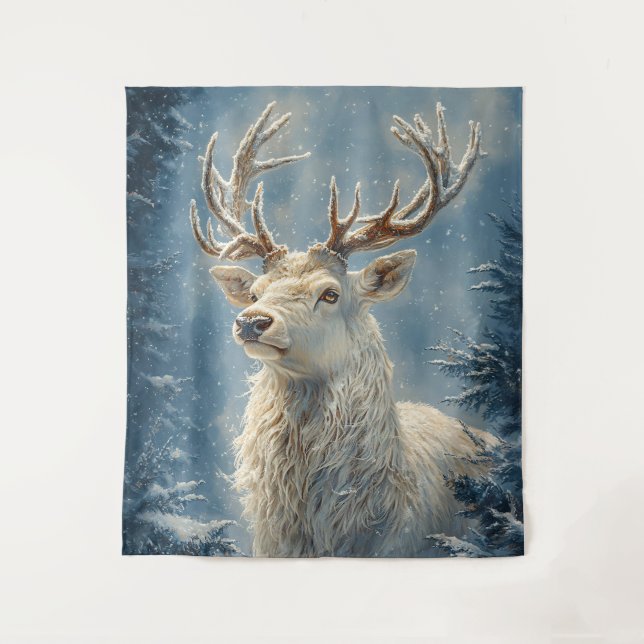 White Stag Portrait Mystical Winter Art Tapestry (Front)