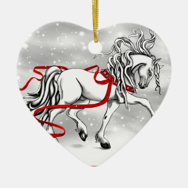 White Stallion Christmas Design Ceramic Ornament (Front)