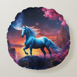 White Stallion Fantasy Pink Garden Round Pillow