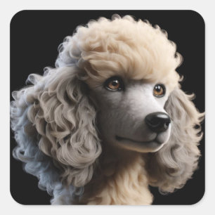 White Standard Poodle Puppy Dog on Black Square Sticker