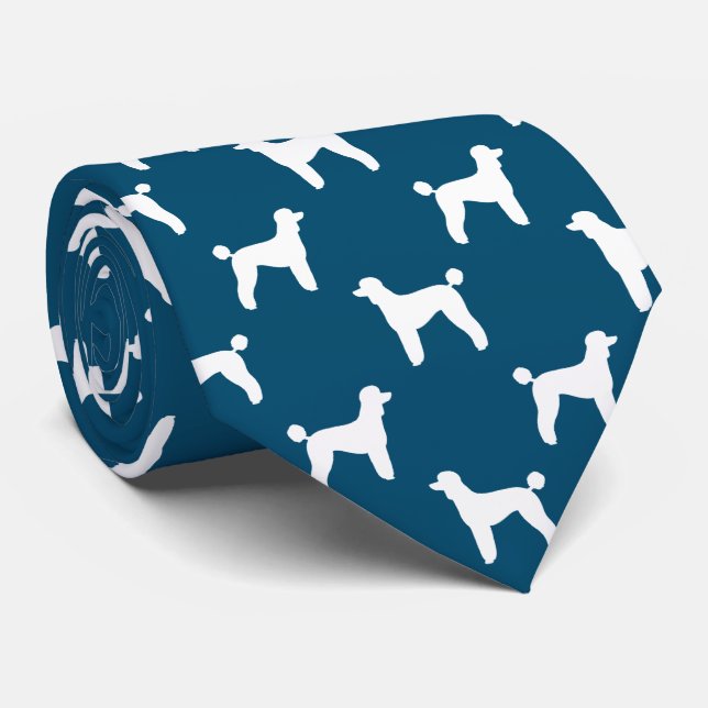 White Standard Poodle Silhouettes Lamb Cut Pattern Tie (Rolled)