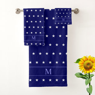 White Star Pattern & Monogram on Navy Blue Bath Towel Set