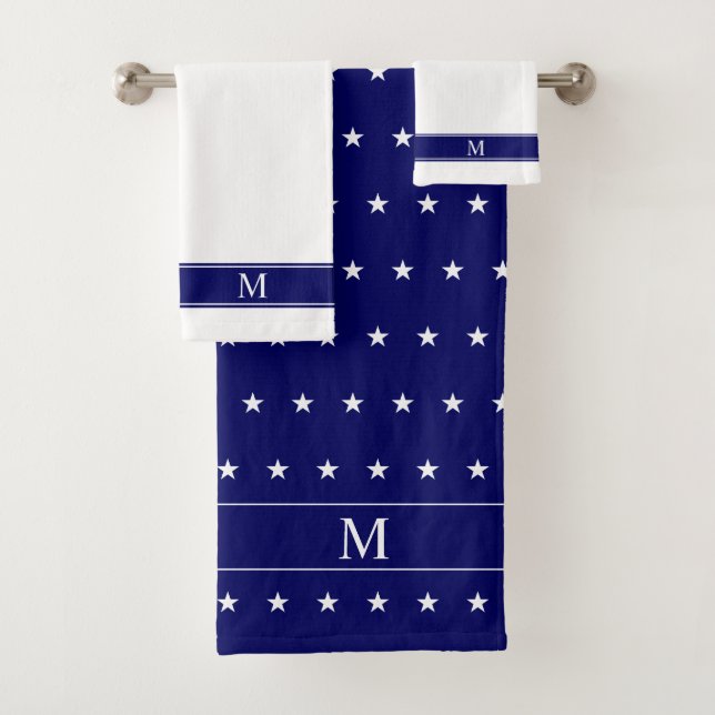 White Star Pattern & Monogram on Navy Blue & White Bath Towel Set (Insitu)