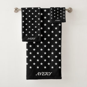 White Star Pattern on Black Bath Towel Set