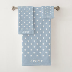 White Star Pattern on Light Wondrous Blue Bath Towel Set