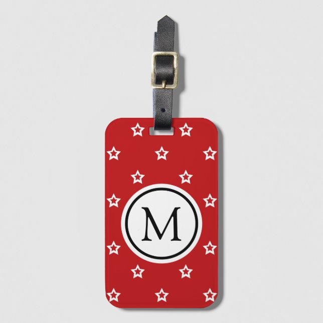 White Star Pattern on Red Monogram Luggage Tag (Front Vertical)