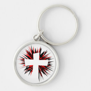 WHITE STARBURST CROSS KEYCHAIN