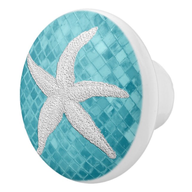 White Starfish Aqua Sea Glass Pattern Ceramic Knob (Right)