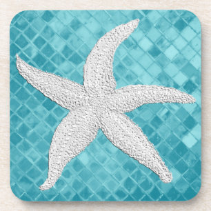 White Starfish Aqua Sea Glass Pattern Coaster